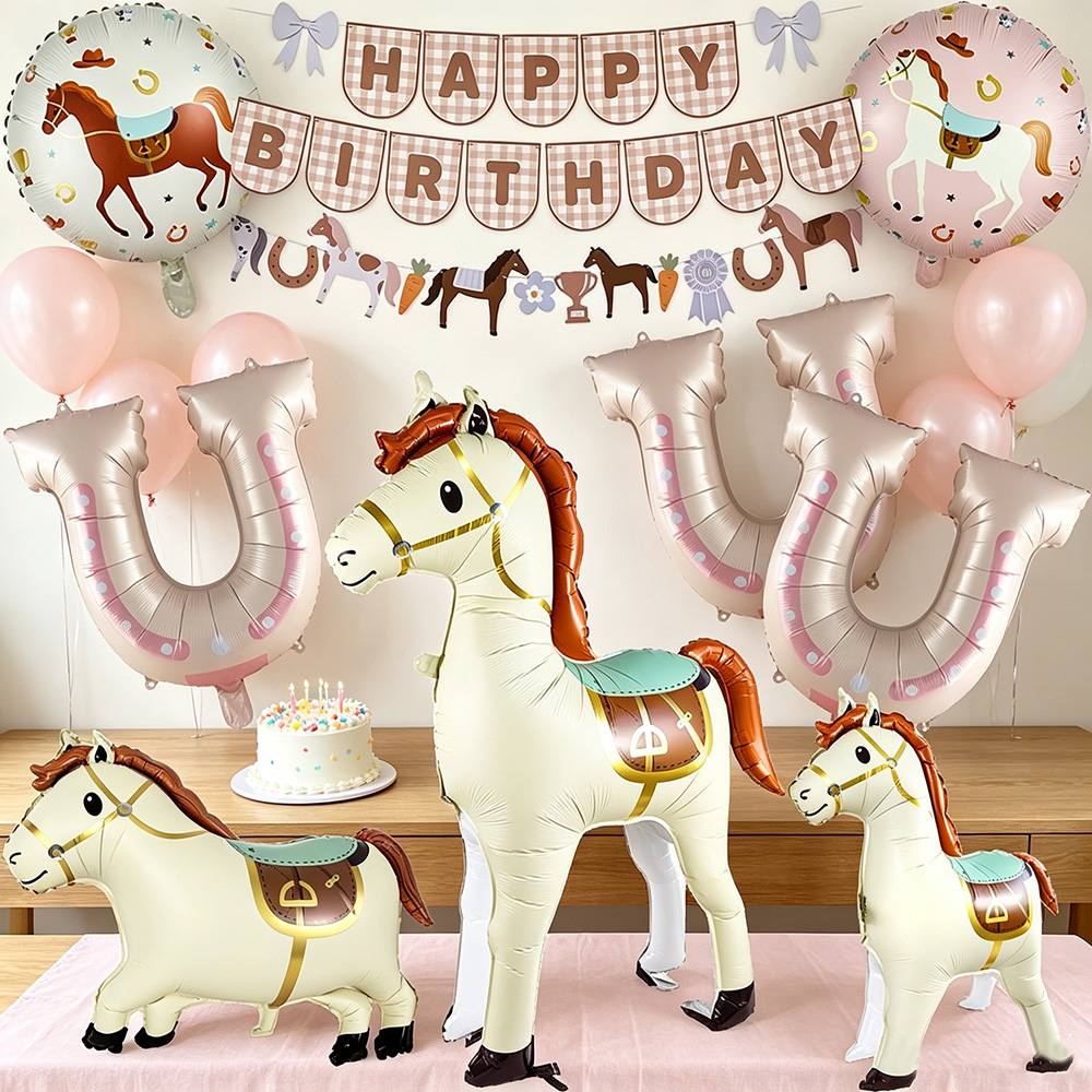 Wedding Supply Kit - カウボーイ馬の誕生日パーティーデコレーション、ウェスタンスタイルのハッピーバースデーバナーと馬のバルーンキット、農場/ロデオパーティー用品