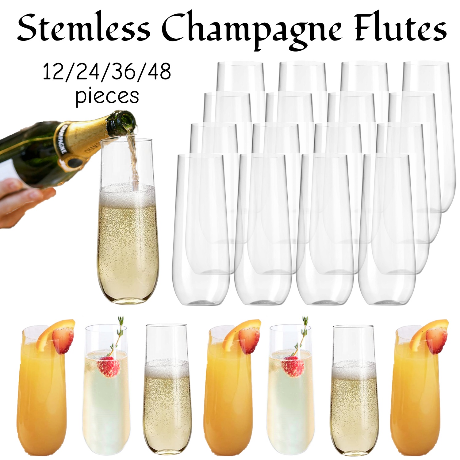 Champagne Tower Set - 12-48 個のプラスチックシャンパンフルート 9 オンスステムレスプラスチックシャンパングラス飛散防止使い捨てミモザバー結婚式乾杯用