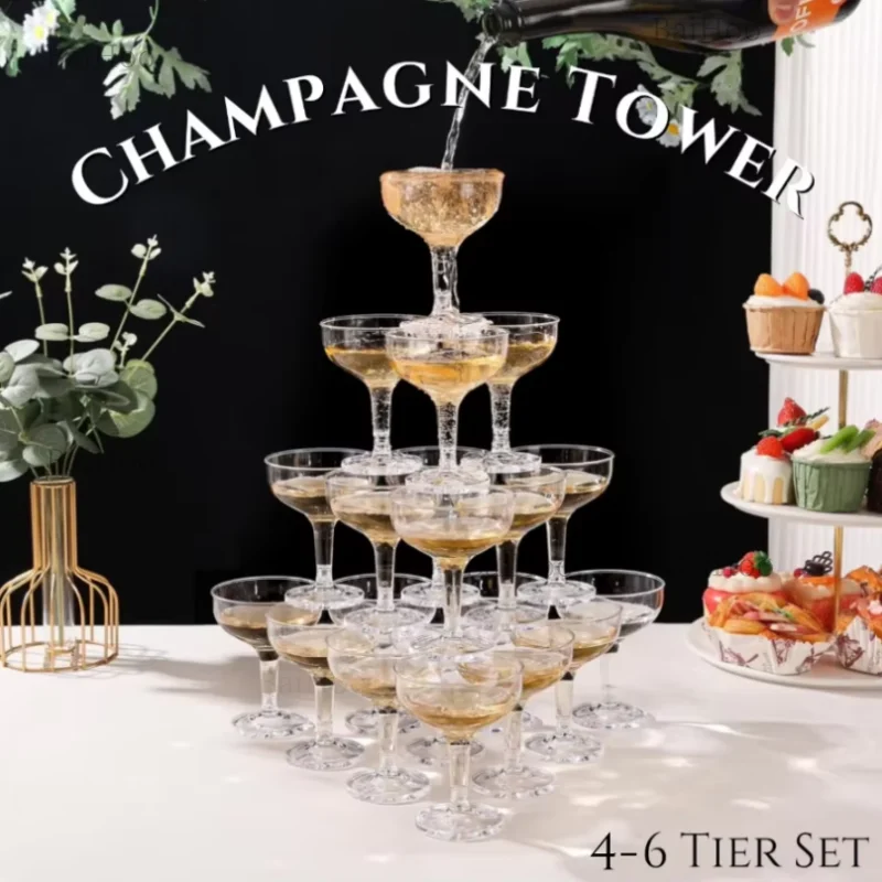 Champagne Tower Set - 20-60個入り アクリル製シャンパンカップグラス 5オンス 婚約パーティー 結婚式 プロセッコタワー