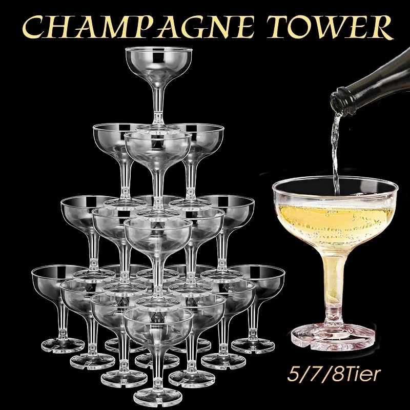 Champagne Tower Set - 5/7/8段シャンパンタワーグラス 5オンス クリアプラスチック製シャンパングラス 結婚式 誕生日パーティー用 プラスチック製カップルグラス