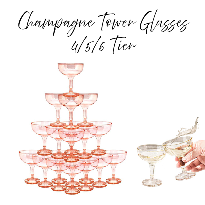 Champagne Tower Set - 4～6段アクリルシャンパンタワー、プラスチック製クーペグラス、マティーニグラス、シャンパンフルート、結婚式パーティー用、5オンス