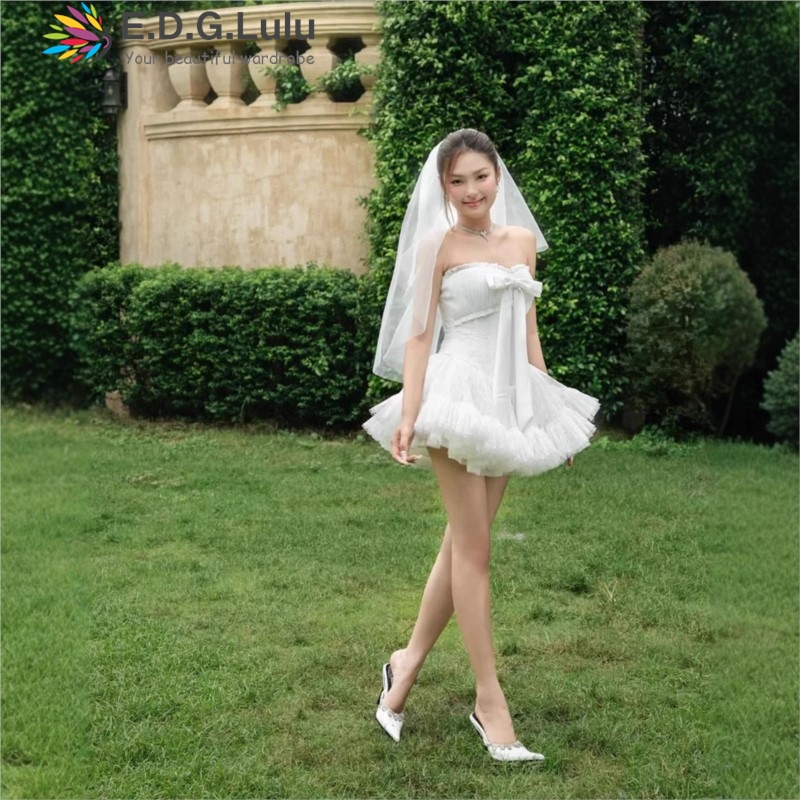 Wedding Lulu - EDGLuLu ストラップレスボウエレガントなパーティードレス女性セクシーな背中の開いた中空レースパッチワークホワイトピンク誕生日ウェディングドレス 1212