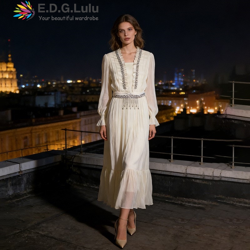 Wedding Lulu - EDGLuLu エレガントなホワイトシフォンロングドレス女性長袖ビーズトリムタッセルベルトフリル裾フォーマル結婚式のゲストドレス 0406