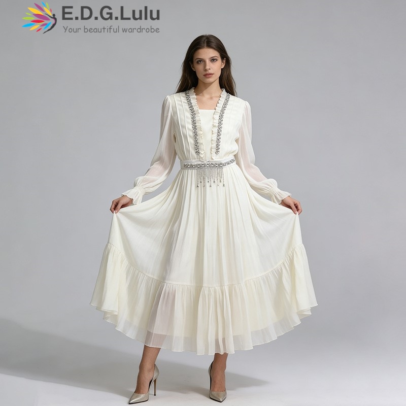 EDGLuLu エレガントなホワイトシフォンロングドレス女性 - Wedding Lulu のレビューと価格